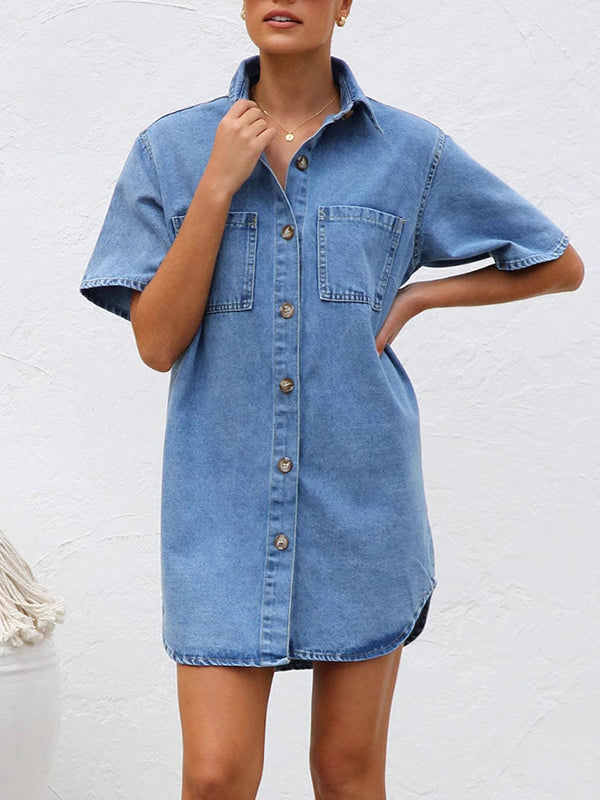 Split-Joint Loose Short Sleeves Lapel Shirt Dress Mini Dresses