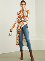 Printed High-low Long Sleeves High-neck T-Shirts Tops