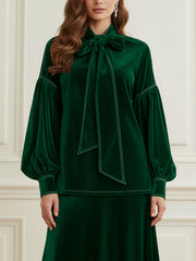 Long Sleeves Puff Sleeves Bow-Embellished Pleated Solid Color Split-Joint Tied Half Turtleneck Blouses&Shirts Tops
