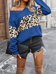 Leopard Split-Joint Long Sleeves Loose V-Neck Sweater Tops Pullovers