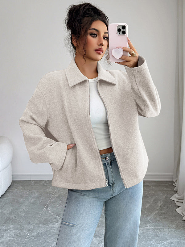 Solid Color Zipper Long Sleeves Loose Lapel Outerwear