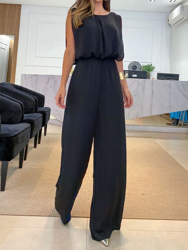 Backless Hollow Solid Color High-Low Wide Leg Round-Neck Jumpsuits Bottoms