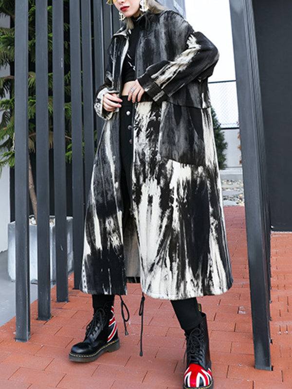 Drawstring Split-Joint Zipper Long Sleeves Loose Round-Neck Trench Coats