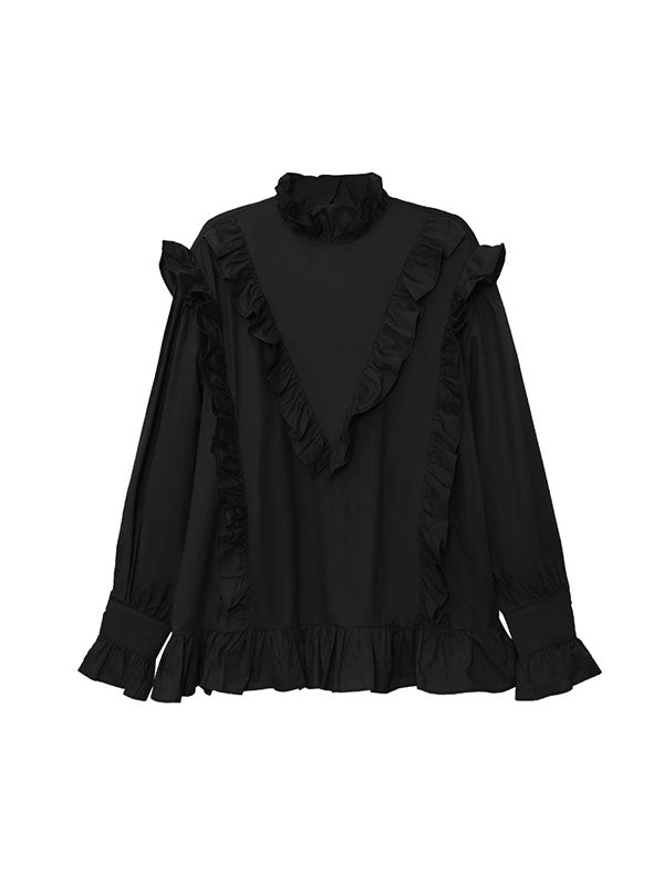 Buttoned Ruffled Solid Color Long Sleeves Loose Stand Collar Blouses&Shirts Tops