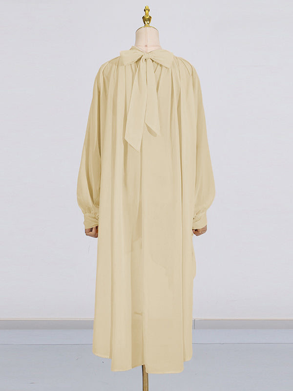 Pleated See-Through Solid Color Tied High-Low Long Sleeves High Neck Blouses&Shirts Tops