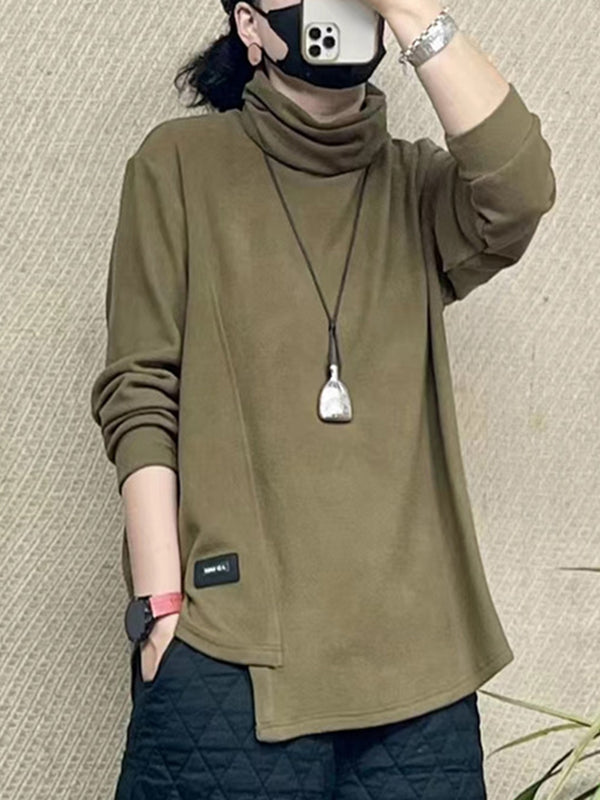 Asymmetric Solid Color Long Sleeves Loose High Neck T-Shirts Tops