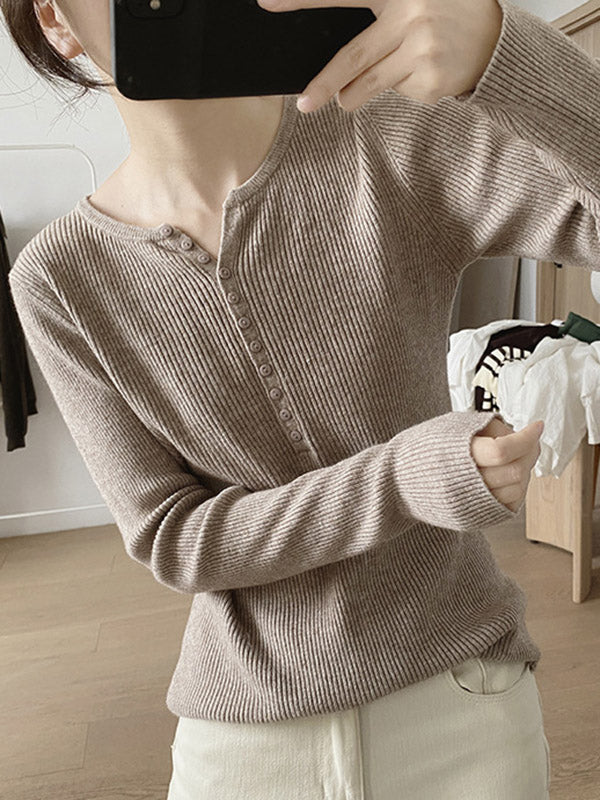 Buttoned Solid Color Long Sleeves Round-Neck Sweater Tops Pullovers