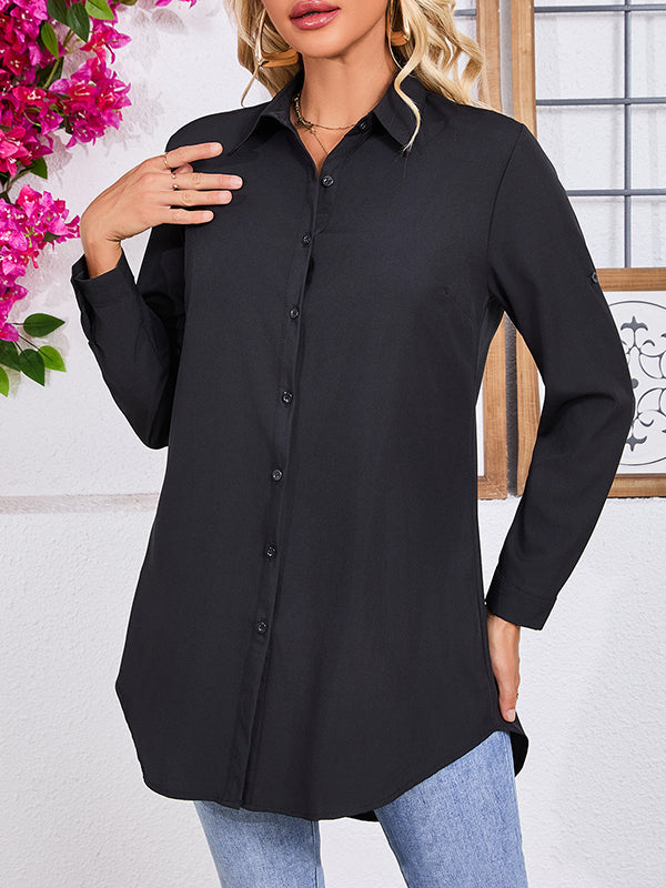 See-Through Solid Color Split-Joint Long Sleeves Loose Lapel Blouses