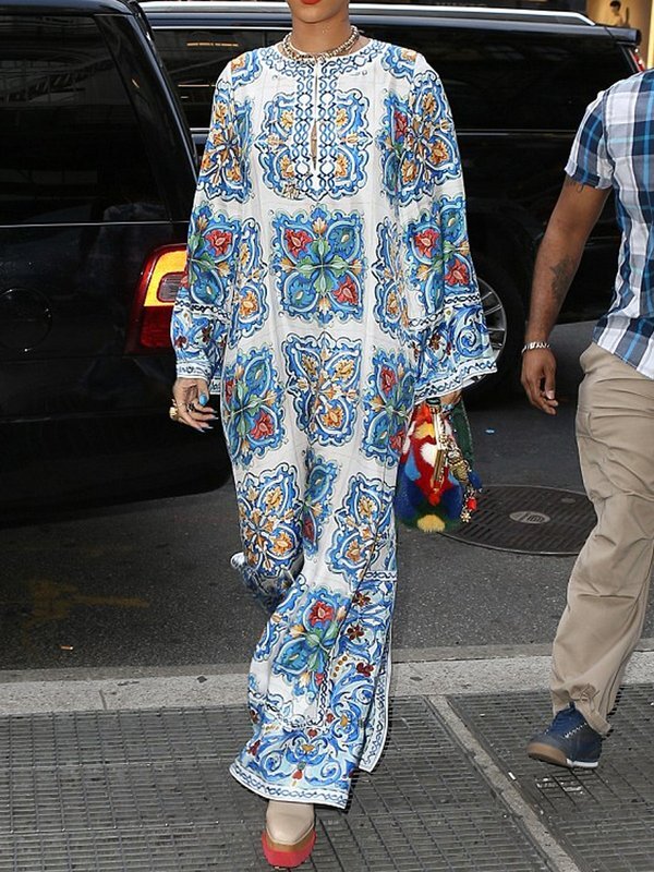 Hollow Printed Split-Side Long Sleeves Loose Round-Neck Maxi Dresses