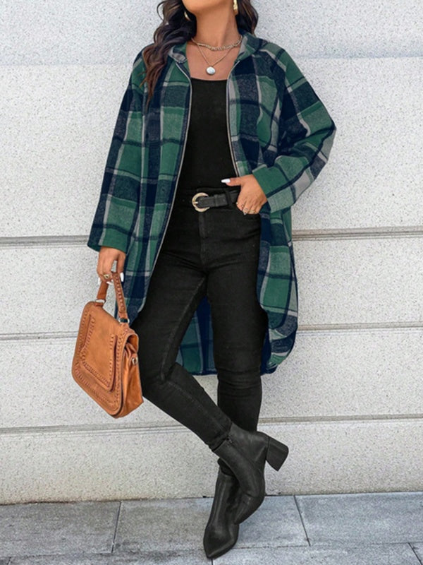Plaid Zipper High-low Long Sleeves Hooded Outerwear