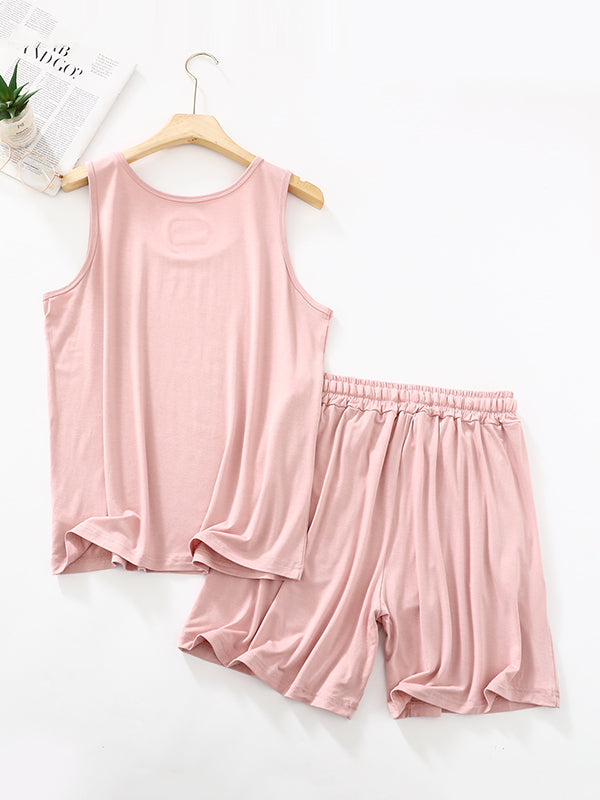 Drawstring Elasticity Pleated Solid Color Loose Sleeveless Round-neck Pajama Sets