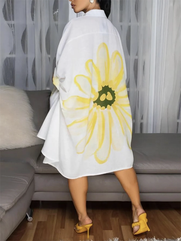 Buttoned Flower Print Half Sleeves Loose Lapel Shirt Dress Mini Dresses