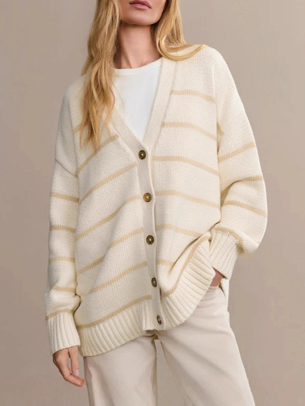 Split-Joint Striped Long Sleeves Loose V-neck Cardigan Tops