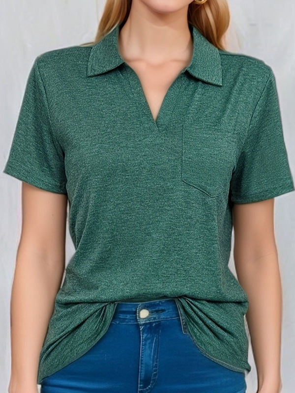 Pockets Solid Color Loose Short Sleeves Lapel T-Shirts Tops
