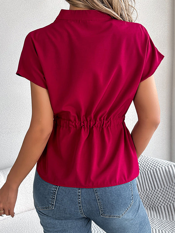 Buttoned Comfort Solid Color Tied Waist Short Sleeves Stand Collar Blouses&Shirts Tops