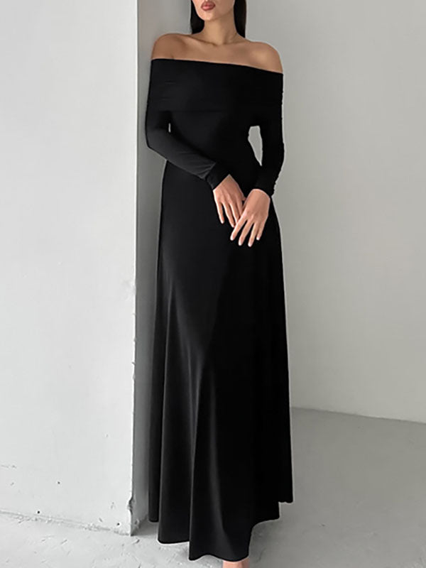 Solid Color High Waisted Long Sleeves Off-The-Shoulder Maxi Dresses