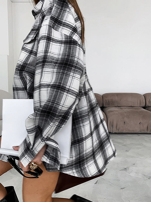 Buttoned Plaid Pockets Long Sleeves Loose Lapel Blouses&Shirts Tops
