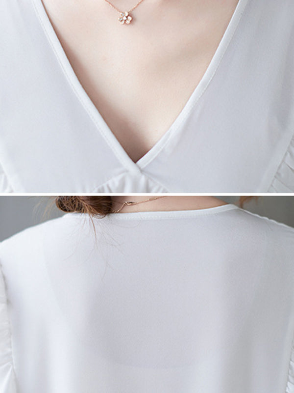 Ruffled Solid Color Loose Ruffle Sleeves Peter Pan Collar Blouses&Shirts Tops