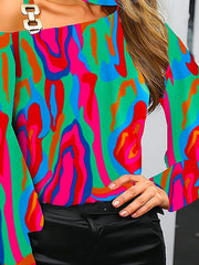 Buckle Hollow Printed Long Sleeves Loose One-shoulder Blouses&shirts Tops