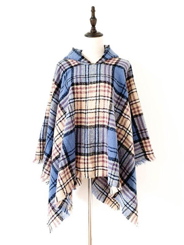 Fringed Hooded Keep Warm Plaid Shawl&Cloak Cape