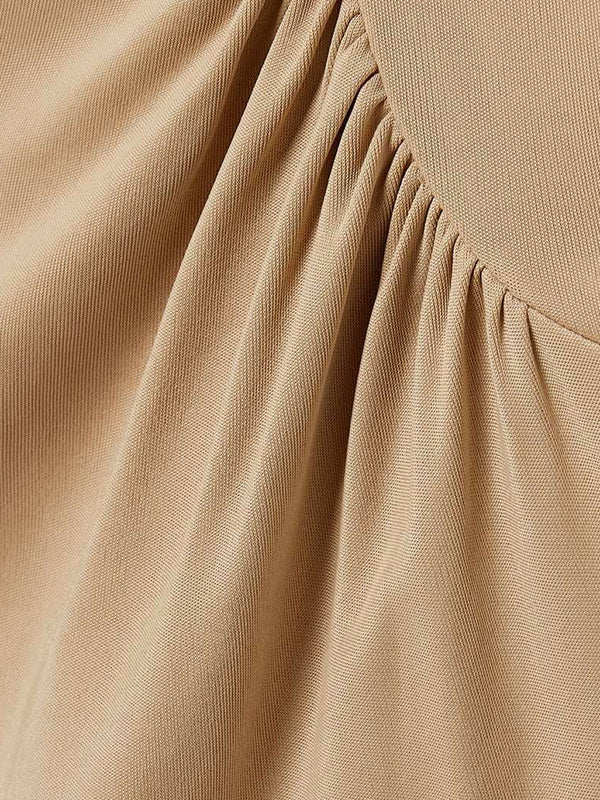 Pleated Solid Color Split-Joint Long Sleeves Skinny Round-neck Maxi Dresses