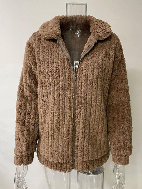Solid Color Velvet Zipper Long Sleeves Plus Size Lapel Outerwear