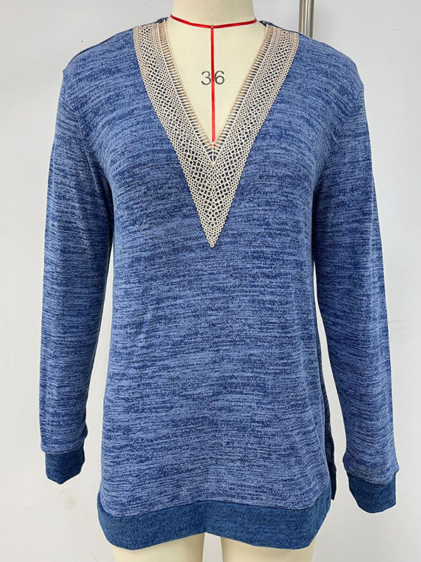 Hollow Split-Joint Split-Side Long Sleeves Loose V-Neck T-Shirts Tops