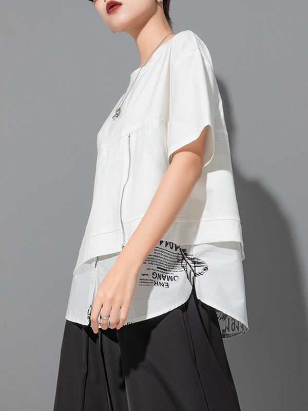Printing Split-Joint False Two Loose Round-neck T-Shirts Tops