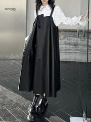 Asymmetric Pleated Solid Color Split-Joint A-Line Loose Square-Neck Slip Dress Midi Dresses