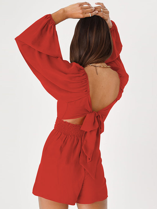 Backless Elasticity Solid Color Tied High Waisted Long Sleeves Square-Neck Rompers