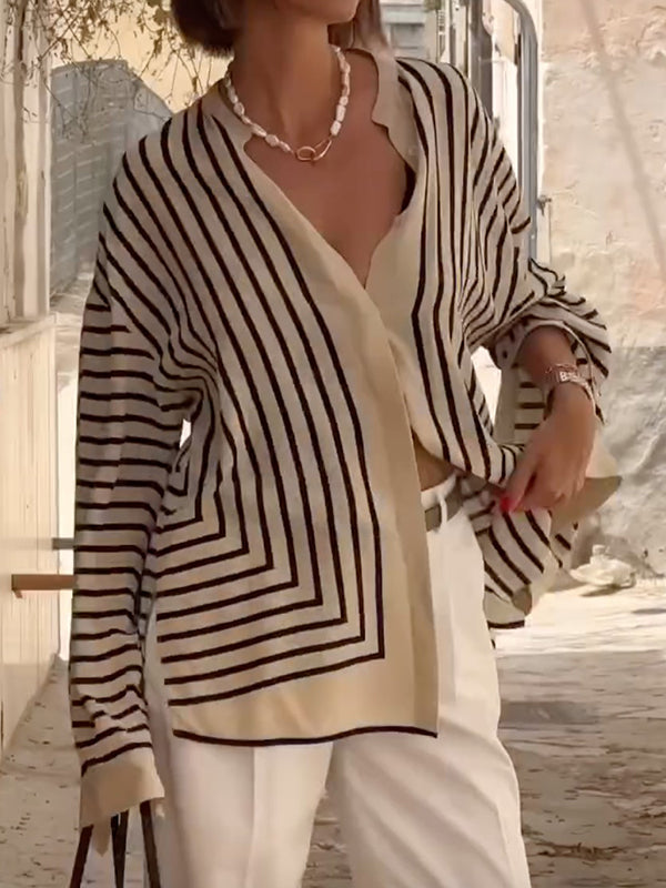 Buttoned Striped Long Sleeves Loose Stand Collar Blouses&Shirts Tops
