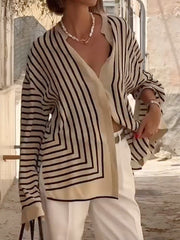Buttoned Striped Long Sleeves Loose Stand Collar Blouses&Shirts Tops
