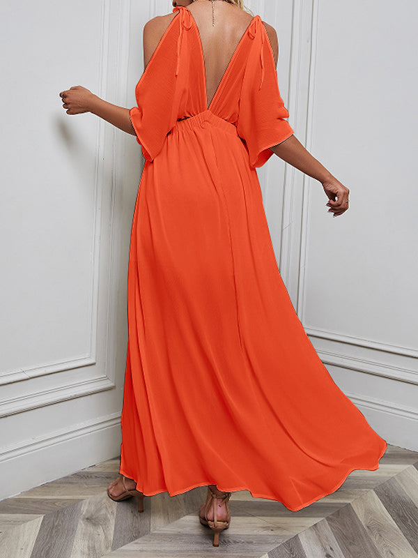 Solid Color Split-front Batwing Sleeves Loose Deep V-Neck Maxi Dresses