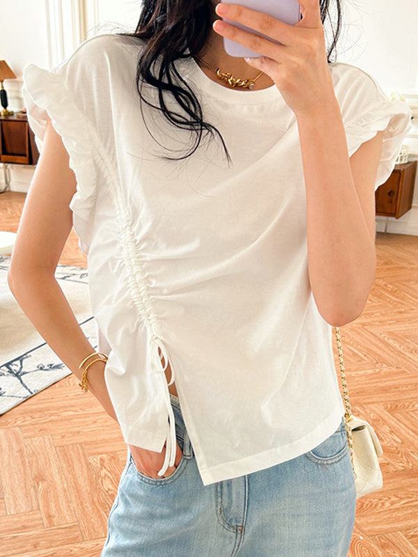 Asymmetric Drawstring Pleated Ruffle Trim Solid Color Split-Front Loose Short Sleeves Round-Neck T-Shirts Tops