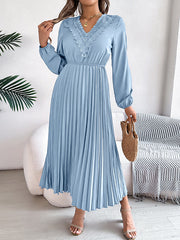 Pleated Solid Color Elasticated Waist High Waisted V-neck Midi Dresses