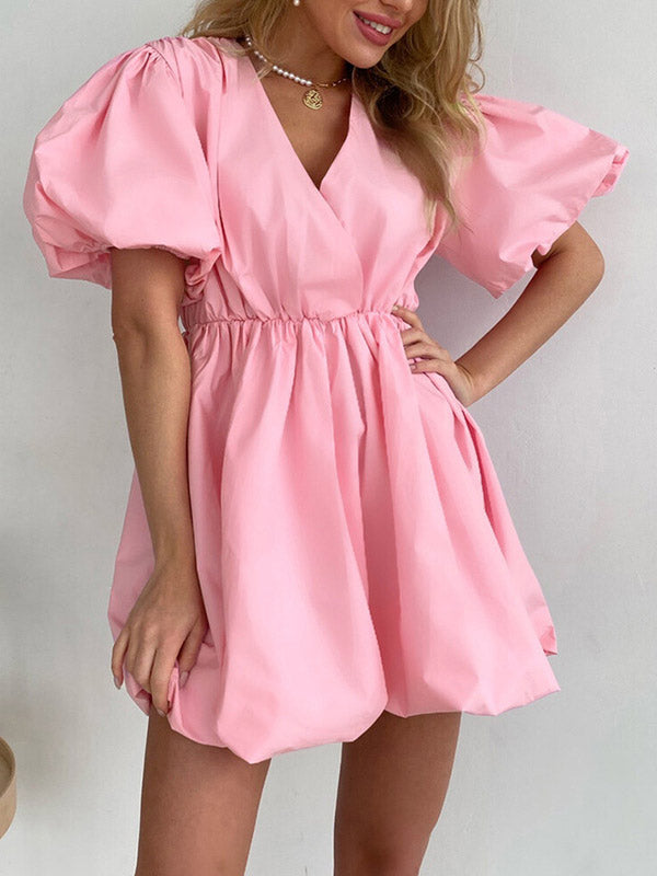 Solid Color Loose Puff Sleeves V-Neck Mini Dresses