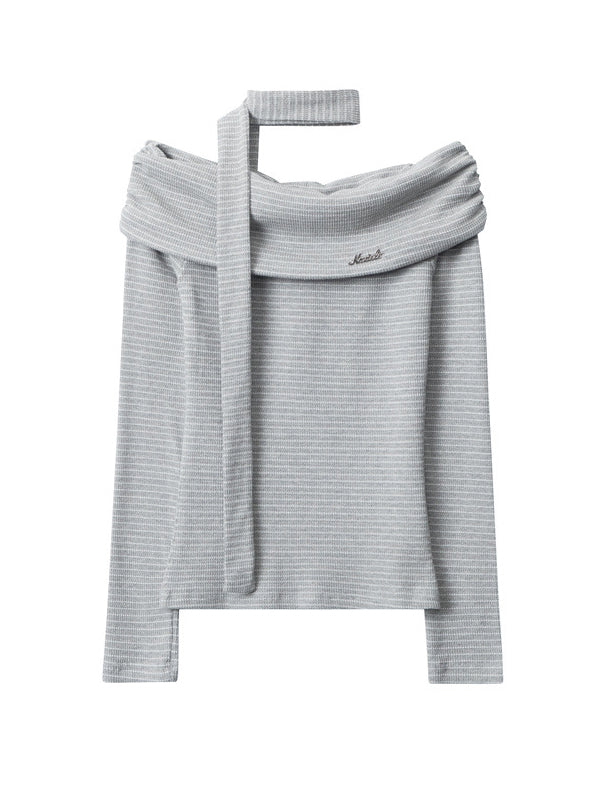 Pleated Split-Joint Striped Long Sleeves Skinny Off-the-shoulder Blouses&shirts Tops