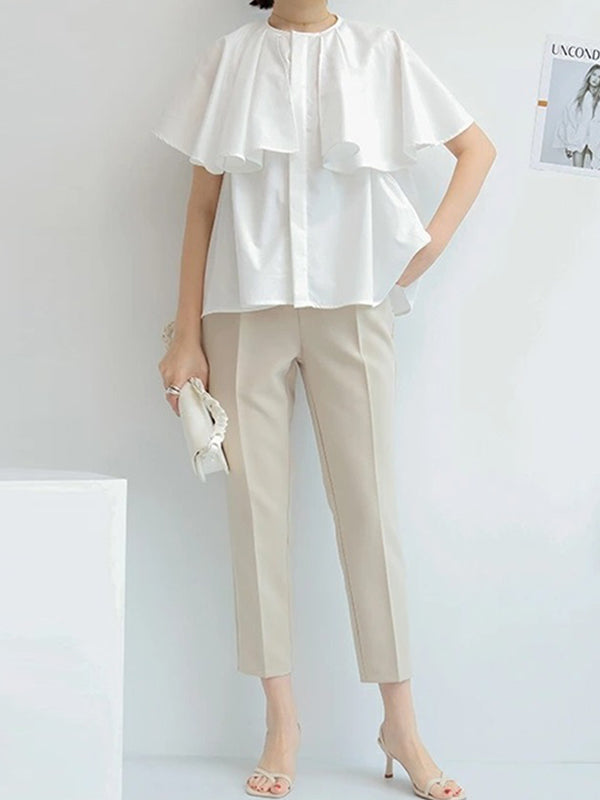 Falbala Loose Short Sleeves Round-neck Blouses&shirts Tops