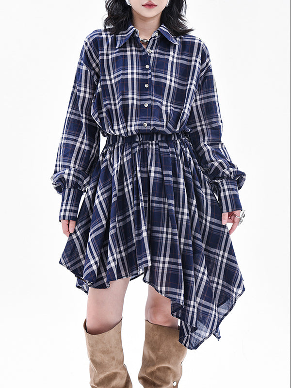 Elasticity Plaid High-Low Irregularity Lapel Collar Midi Dresses