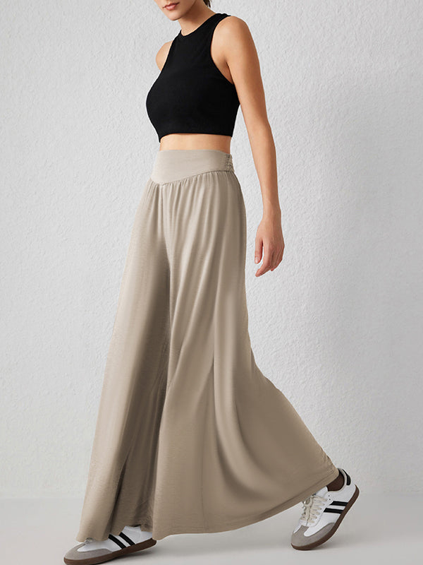 Pleated Pockets Solid Color Split-Joint High Waisted Loose Trousers Pants