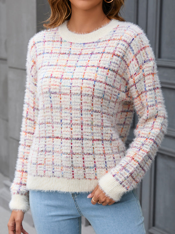 Plaid Split-Joint Long Sleeves Loose Round-Neck Sweater Tops Pullovers