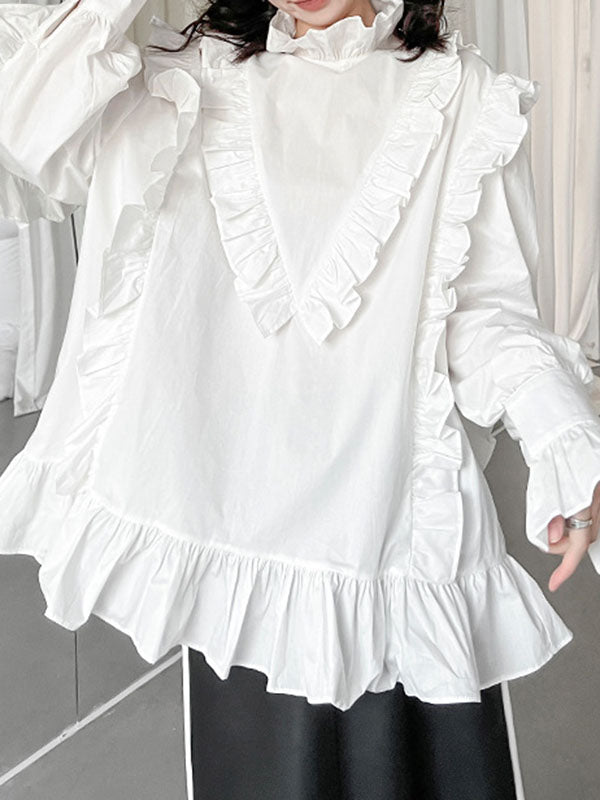 Buttoned Ruffled Solid Color Long Sleeves Loose Stand Collar Blouses&Shirts Tops