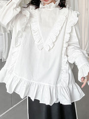 Buttoned Ruffled Solid Color Long Sleeves Loose Stand Collar Blouses&Shirts Tops