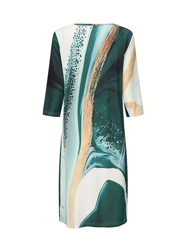 Printed Split-Joint Loose Short Sleeves Round-neck Mini Dresses