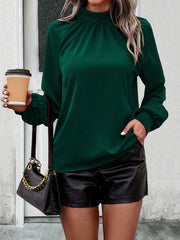 Backless Pleated Solid Color Long Sleeves Loose Mock Neck Blouses&Shirts Tops