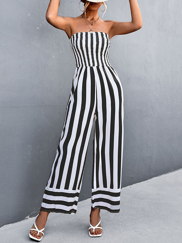Contrast Color Elasticity Striped Loose Sleeveless Tube Jumpsuits