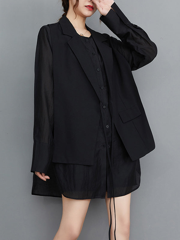 Buttoned Mesh Pockets Solid Color Split-Joint Sun Protection Tied Waist False Two Long Sleeves Notched Collar Outerwear Blazer