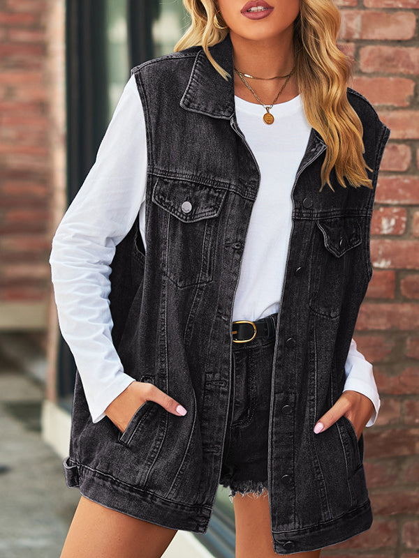 Buttoned Drawstring Pockets Split-Joint Loose Sleeveless Polo Vest Outerwear