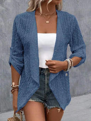 Buttoned Hollow Jacquard Solid Color Long Sleeves Loose Collarless Outerwear