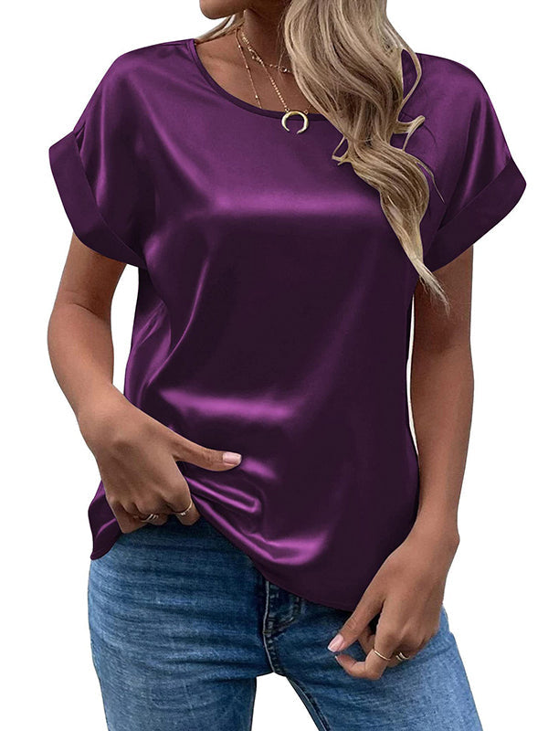 Solid Color Loose Short Sleeves Round-Neck T-Shirts Tops